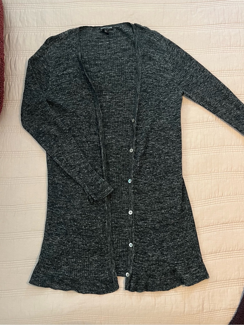 Eileen Fisher Dark Heather Gray Long Ribbed Button Cardigan Wool Linen